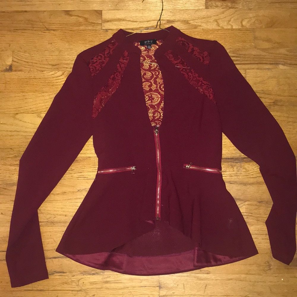 Maroon, lace zipped blazer